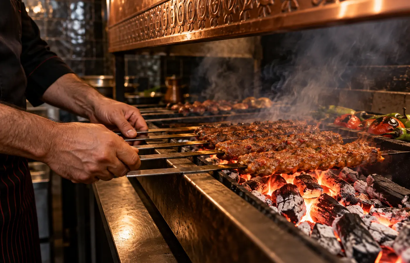 Urfa kebapları kömür ateşinde pişirilirken